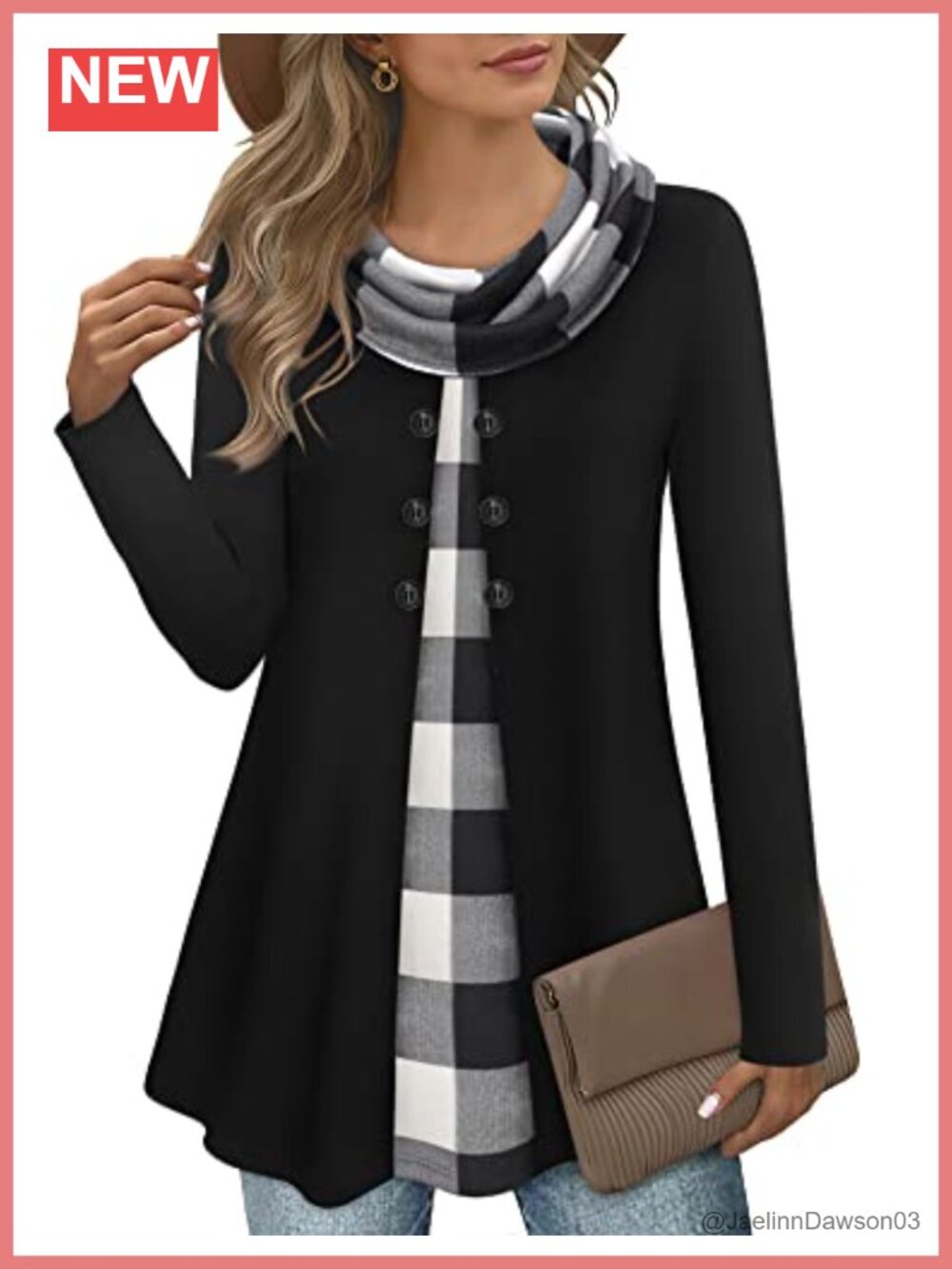 Womens Long Sleeve Cowl Neck Splicing Tunic Top with Buttons
